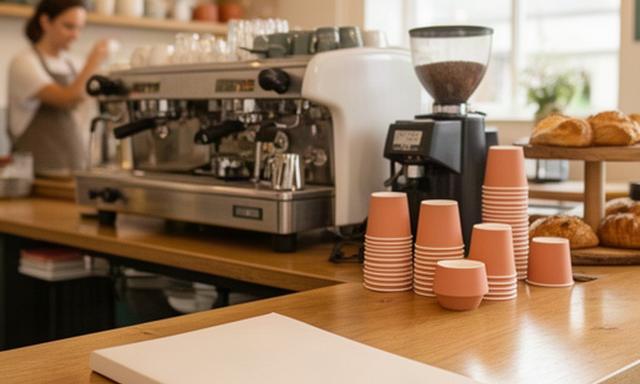 Bright Laois café counter with a receipt folder and coffee service area