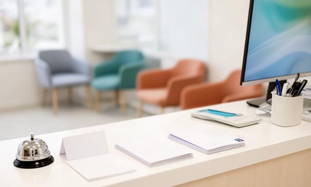 Local dental practice reception desk with organised software subscription notes