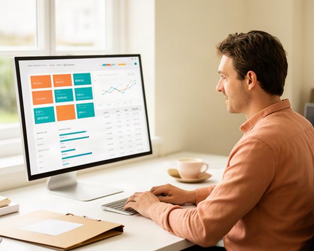 Port Laoise business owner reviewing a simple monthly expenses dashboard at a bright office desk